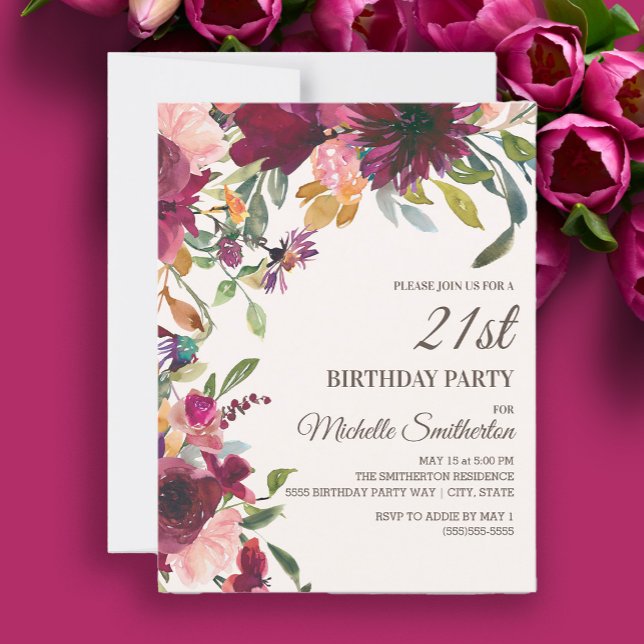 Elegant lila rosa guld blommig 21-årsdag inbjudningar (Burgundy and pink watercolor floral 21st birthday party invitation)