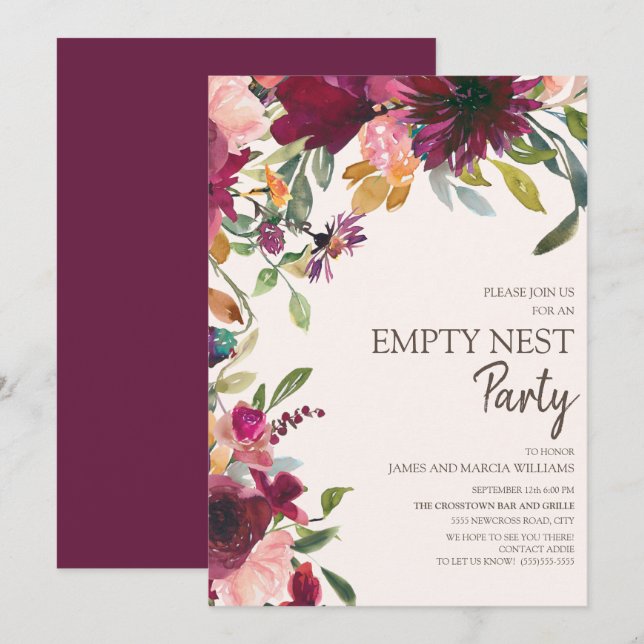 Elegant lila rosa guld blommig Empty Nest-fest Inbjudningar (Fram/baksida)
