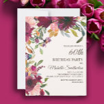 Elegant Lila Rosa Guld Blommigt 60:e födelsedag<br><div class="desc">Vacker och elegant blommigt för plommonets lila och rosa med sage grönt löv botaniska vattenfärger 60 födelsedagsfest inbjudan för kvinnor. Text är guld-kalligrafipenselteckensnitt och justeras på kortets höger. Födelsedagsfest inbjudan går in i vår Födelsedagsfest för Blommigt av Burgundy och Rosa. Kontakta oss om du behöver hjälp med anpassning eller om...</div>