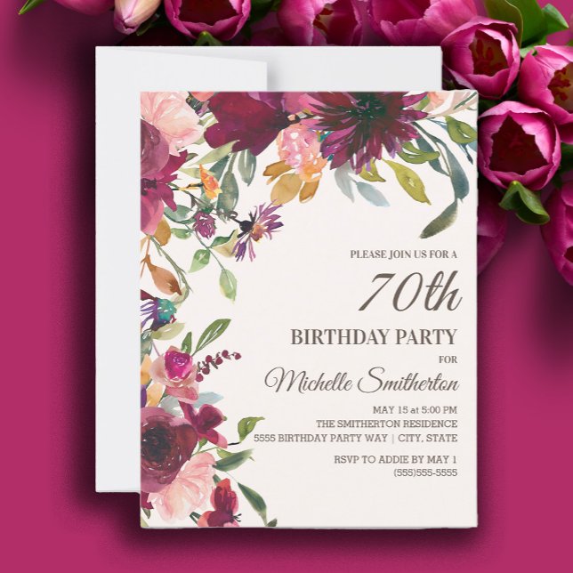 Elegant Lila Rosa Guld Blommigt 70:e födelsedag Inbjudningar (Burgundy and pink watercolor floral 70th birthday party invitation)