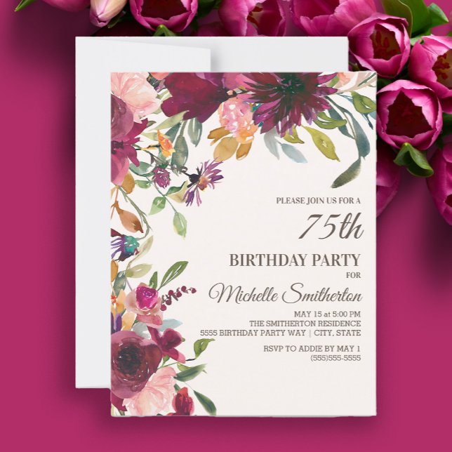Elegant Lila Rosa Guld Blommigt 75:E Inbjudningar (Burgundy and pink floral 75th birthday party invitation)
