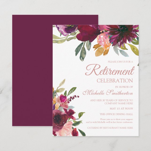 Elegant lila rosa guld blomster skript pensionerin inbjudningar (Fram/baksida)