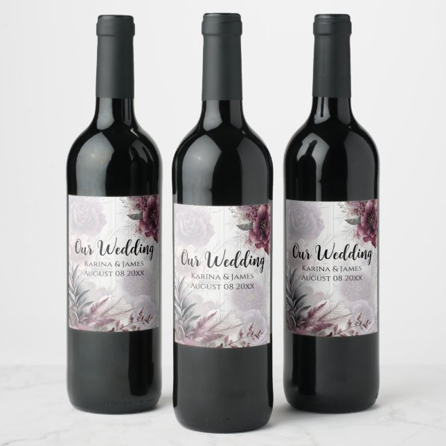 Elegant lila, rosa och vinröd blom-  vinflaska etikett (Flaskor)