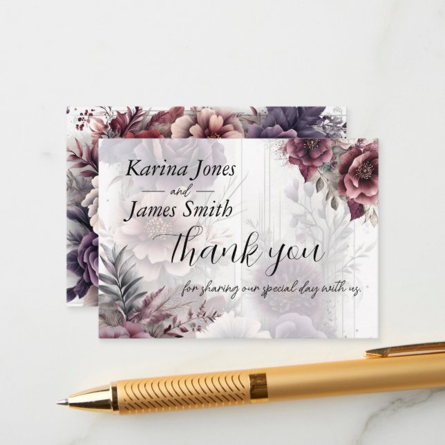 Elegant lila, rosa och vinröda blommande bröllop  tilläggskort (Fram/Back In Situ)