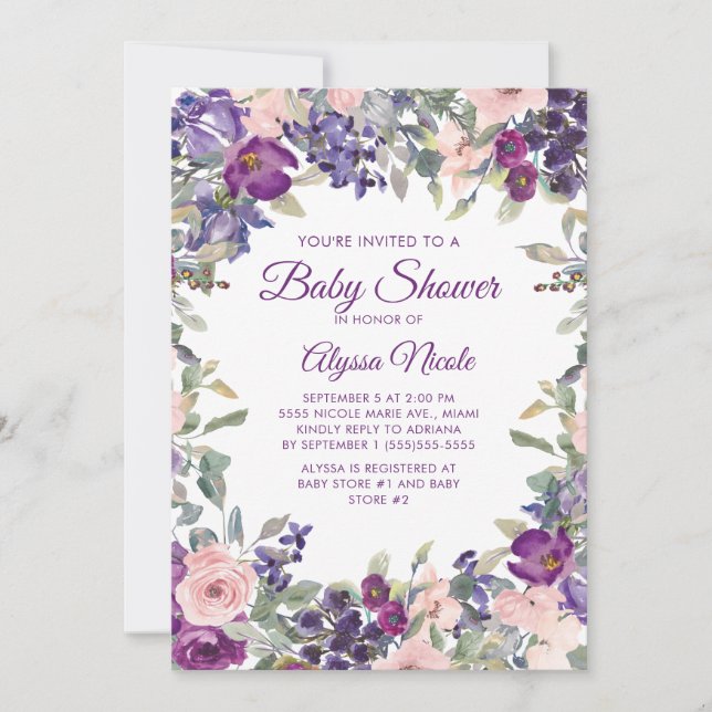 Elegant lila rosablommig baby shower inbjudningar (Framsida)