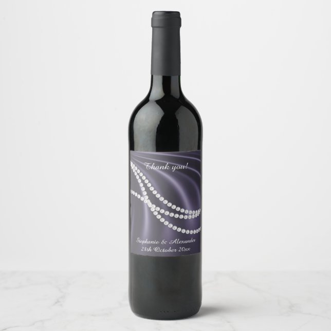 ELEGANT LILA SATIN PEARL ANPASSADE VINFLASKA ETIKETT (Framsida)