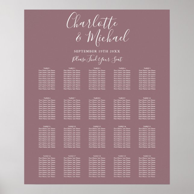 Elegant lila signatur sittplatskarta för bröllop poster (Framsidan)