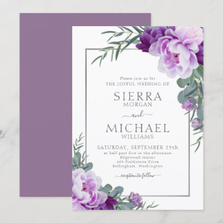 Elegant Lila & Silver Blommigt Eucalyptus Bröllop Inbjudningar