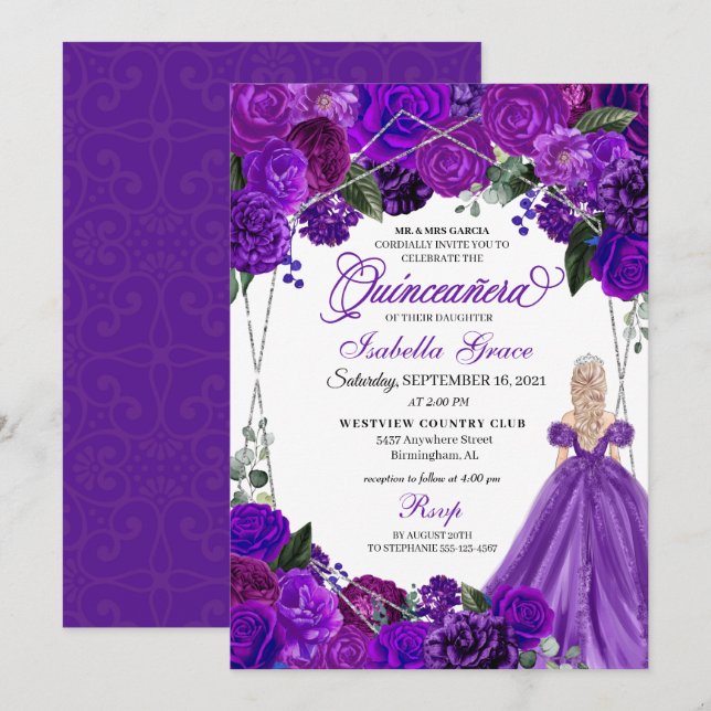 Elegant Lila Silver Blommigt Quinceanera Birthday Inbjudningar (Fram/baksida)