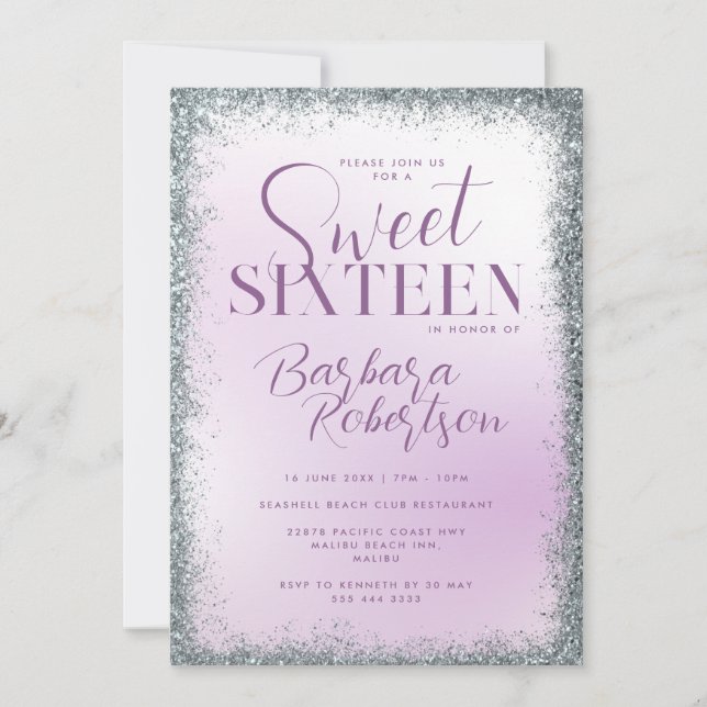 Elegant Lila Silver Glitter-skript Sweet sixteen Inbjudningar (Framsida)