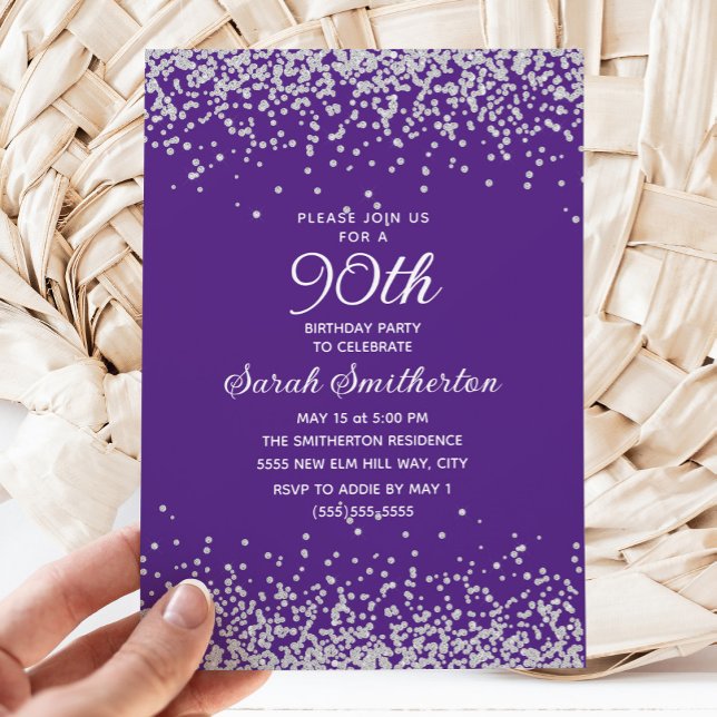 Elegant Lila Silver Glitter Vuxen 90:e födelsedag Inbjudningar (Purple with silver glitter 90th birthday party invitation)