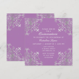 Elegant Lila Silver Ornate Blommigt Quinceañera Inbjudningar