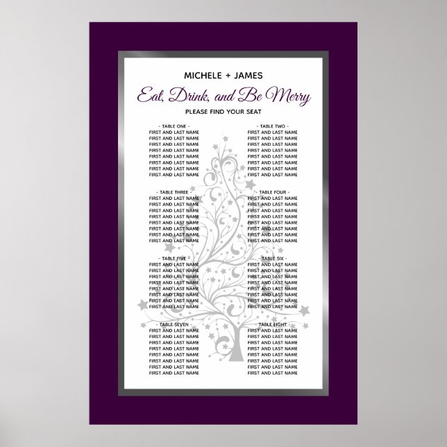 Elegant lila silverbröllops sittplatskarta poster (Framsidan)