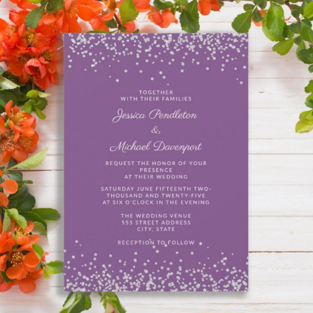 Elegant lila silverglitter bröllop  inbjudningar (Purple wedding invitation with silver glitter )