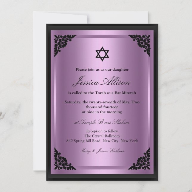 Elegant lila & svart Bat Mitzvah-inbjudan Inbjudningar (Framsida)