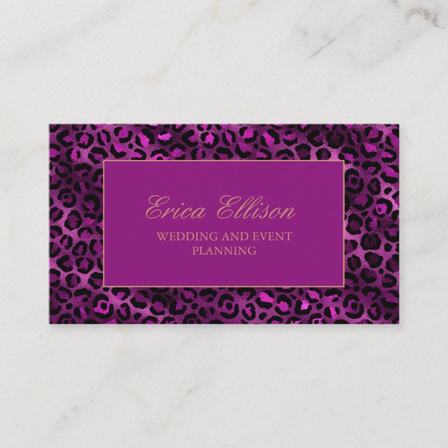 Elegant lila svart leopardtryck wedding planner visitkort (Framsida)