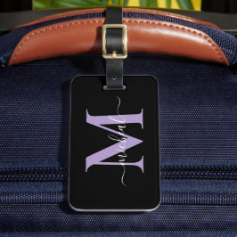 Elegant lila & svart monogram skriptnamn bagagebricka