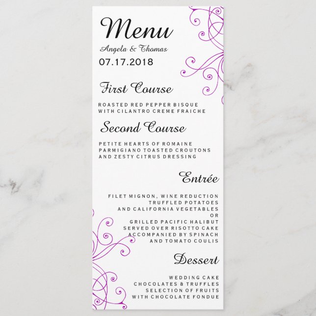Elegant Lila Swirls Bröllop Menu Meny (Framsida)