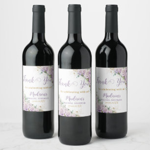 Elegant lila syrenrosor Bröllopsdusch med blomtema Vinflaska Etikett