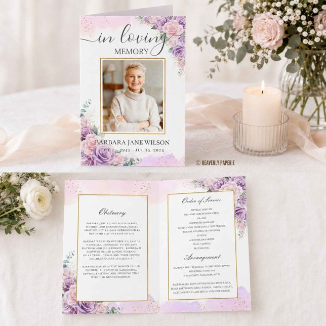 Elegant Lila Syrlilja Blommig Foto Begravning Minn Program (Elegant Purple Lilac Floral Photo Funeral Memorial Bi-fold Program Obituary order of service)