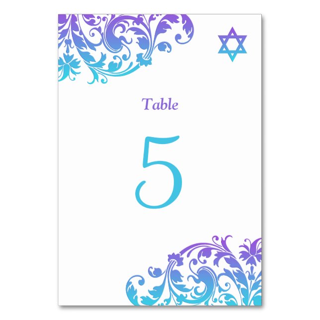 Elegant Lila Teal Flourish Bat mitzvah Bordsnummer (Framsidan)