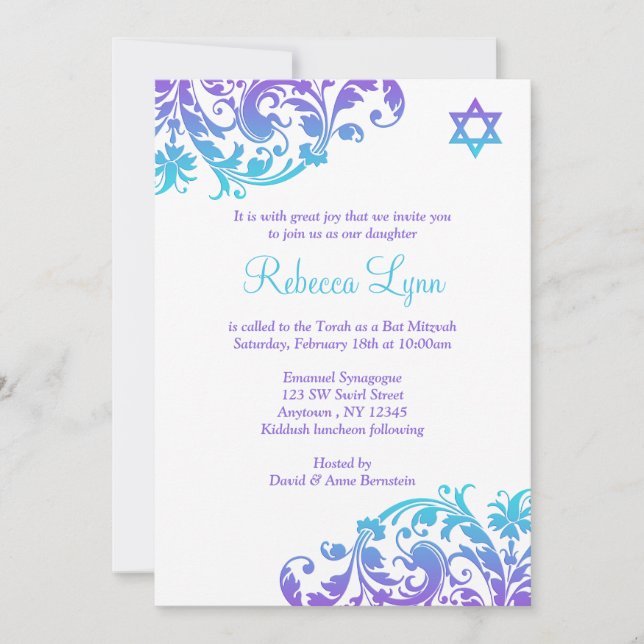 Elegant Lila Teal Flourish Bat mitzvah Inbjudningar (Framsida)