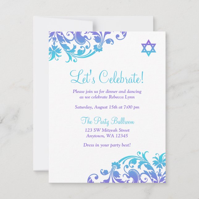Elegant Lila Teal Flourish Bat mitzvah mottagning Inbjudningar (Framsida)