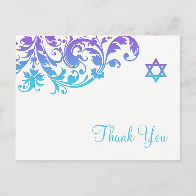 Elegant Lila Teal Flourish Bat mitzvah Tack Vykort (Framsida)