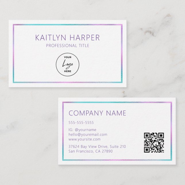 Elegant lila teal folie ram logo QR-kod Visitkort (Fram/baksida)