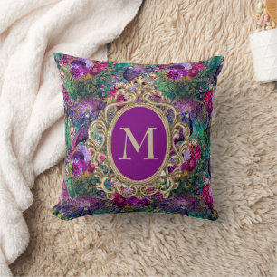 Elegant Lila Turkos Påfågel Blommig Guld Monogram Kudde