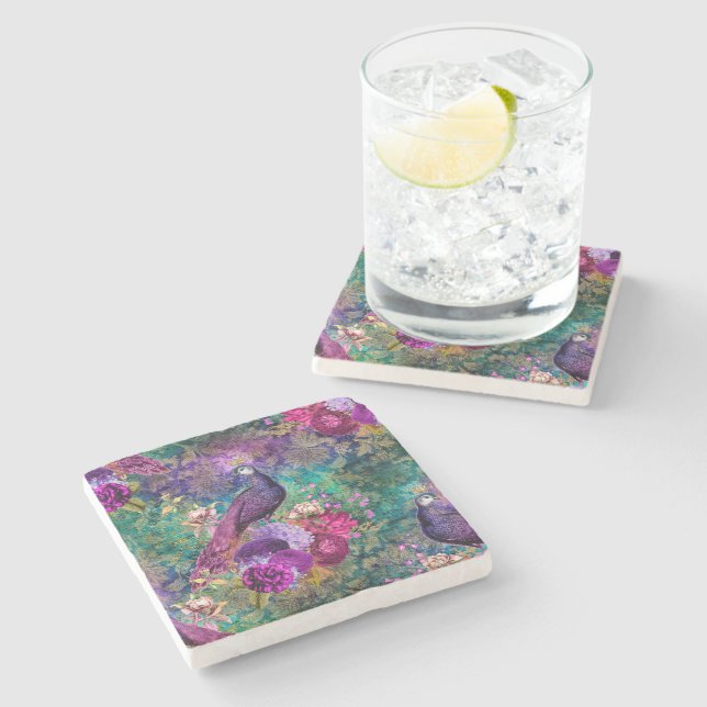 Elegant lila turkos påfågel Blommig Stenunderlägg (Sidan)