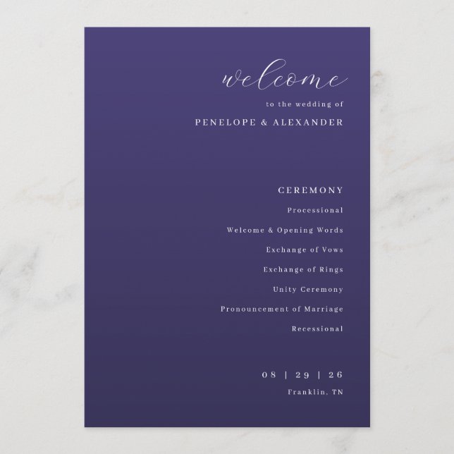 Elegant lila typografisk bröllopsceremoni program (Framsida)