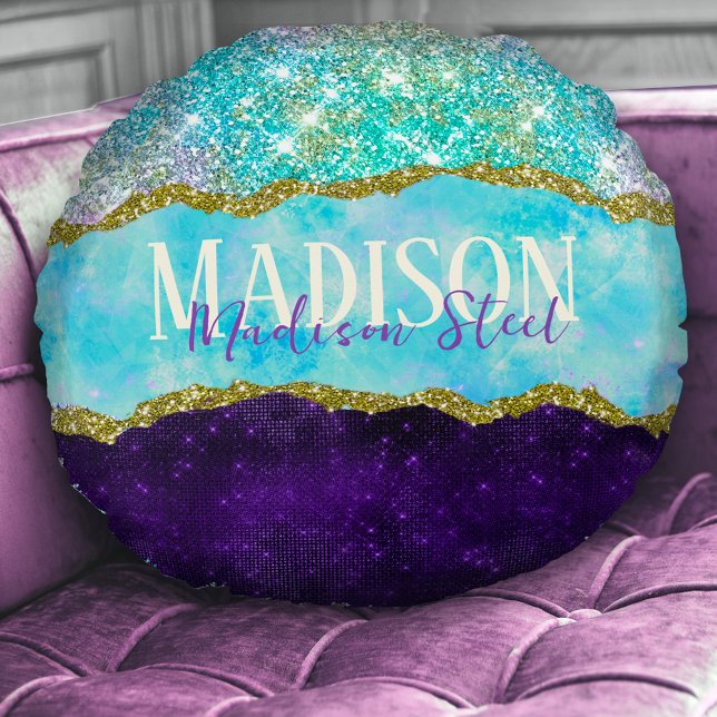 Elegant Lila Unicorn faux glitter monogram Rund Kudde (Skapare uppladdad)