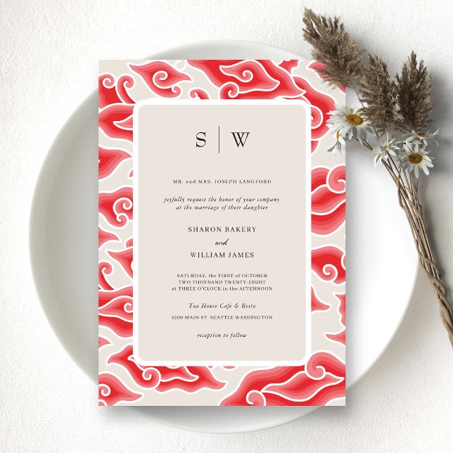 Elegant Lila Vågar Monogram bröllopsinbjudan Inbjudningar (Embrace Timeless Beauty with a Vintage Red Wedding Invitation)