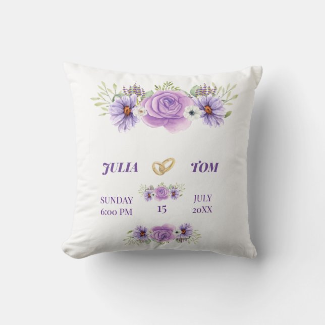 Elegant Lila Vatten Färg Blommigt Bröllop Kudde (Framsida)