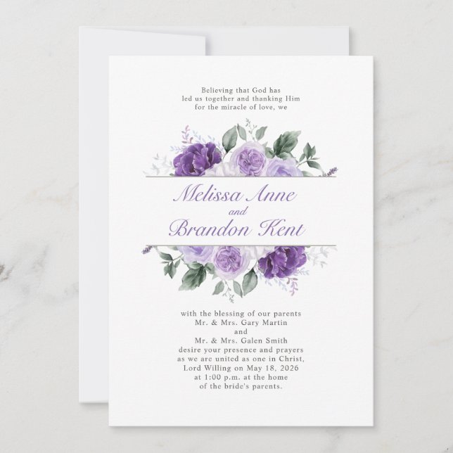 Elegant lila vattenfärg blommig bröllop inbjudningar (Framsida)