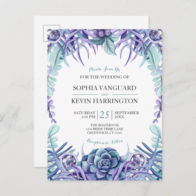 Elegant Lila Vattenfärg Succult Blommigt Bröllop Inbjudan Vykort (Fram/baksida)