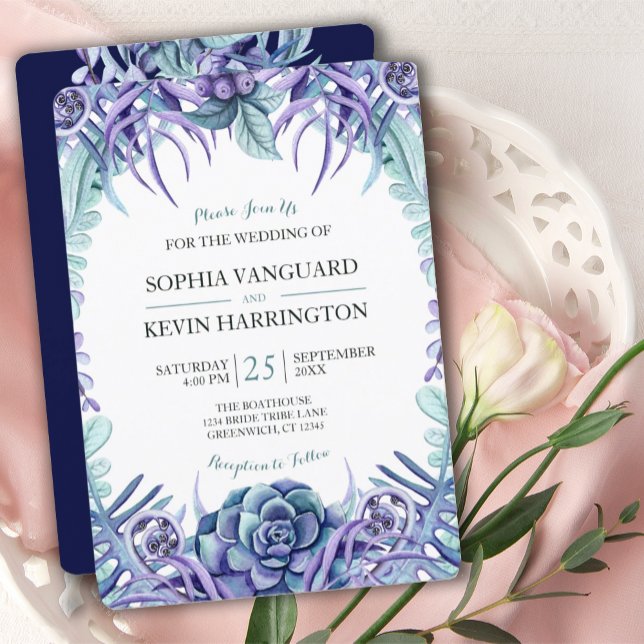 Elegant Lila Vattenfärg Succult Blommigt Bröllop Inbjudningar (ELEGANT PURPLE WATERCOLOR SUCCULENT WEDDING INVITATION)