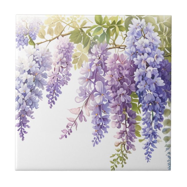 Elegant lila vattenfärg wisteria blue blommigt kakelplatta (Framsidan)
