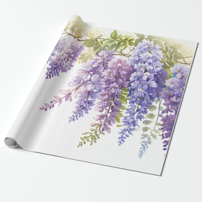 Elegant lila vattenfärg wisteria blue blommigt presentpapper (Utrullad)