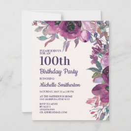 Elegant Lila Vattenfärgad Blommigt 100:e födelseda Inbjudningar