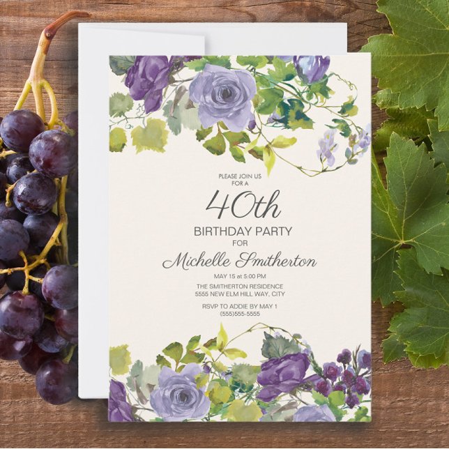 Elegant Lila Vattenfärgad Blommigt 40 födelsedagar Inbjudningar (Elegant purple watercolor floral 40th birthday party invitation for women)