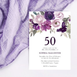 Elegant Lila Vattenfärgad Blommigt 50:e födelsedag Inbjudningar