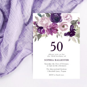Elegant Lila Vattenfärgad Blommigt 50:e födelsedag Inbjudningar