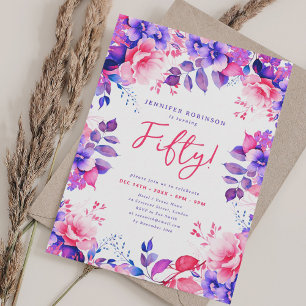 Elegant Lila Vattenfärgad Blommigt 50:e födelsedag Inbjudningar