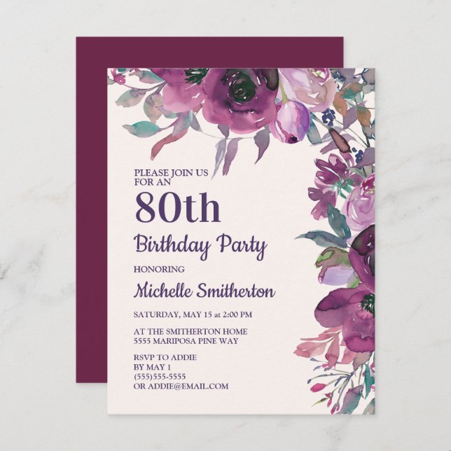 Elegant Lila Vattenfärgad Blommigt 80:e födelsedag Inbjudningar (Fram/baksida)