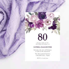 Elegant Lila Vattenfärgad Blommigt 80:e födelsedag Inbjudningar