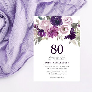 Elegant Lila Vattenfärgad Blommigt 80:e födelsedag Inbjudningar