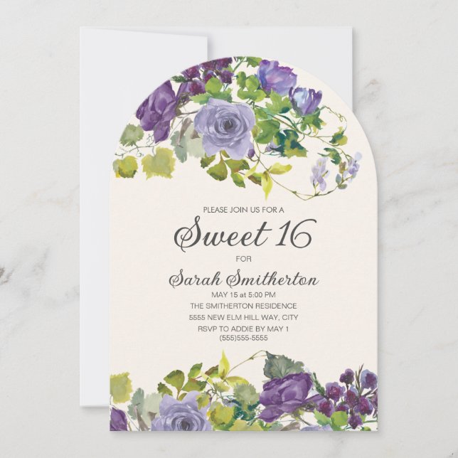 Elegant Lila Vattenfärgad Blommigt Vines Sweet 16 Inbjudningar (Framsida)