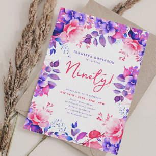 Elegant Lila VattenfärgBlommigt 90:e födelsedag Inbjudningar